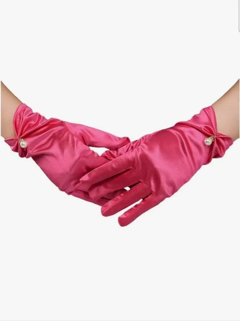 Pink Satin Evening Gloves with Pearl Accent NEW
